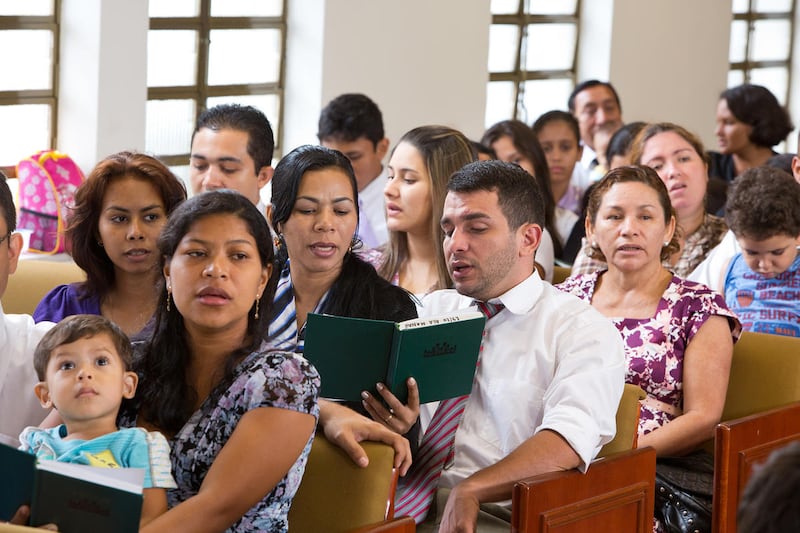 Latter-day Saints in Manaus, Brazil, sing a hymn as part of sacrament meeting.