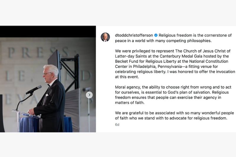 President D. Todd Christofferson, second counselor in the First Presidency, expresses thoughts on the divine aspects of religious liberty in a June 12, 2026, post on social media.