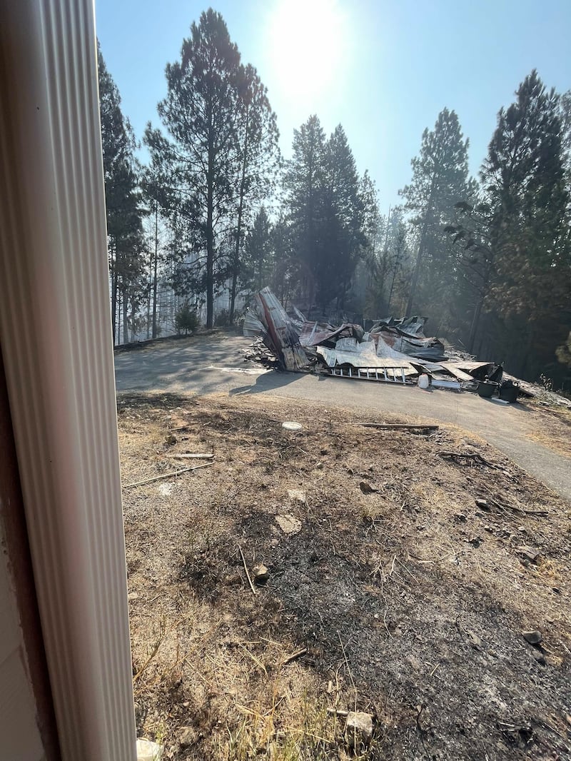 A shop building at the home of Spokane Washington Mount Spokane Stake President Robert L. Sanders was burned in the recent wildfires near Spokane, Washington, and shown on Aug. 3, 2026.