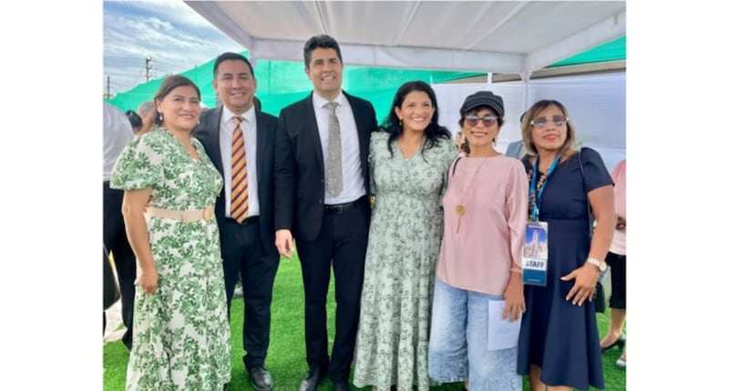 Elder Sandino Román and Sister Lupita Román, center, are joined by other attendees at the groundbreaking ceremony for the Iquitos Peru Temple.