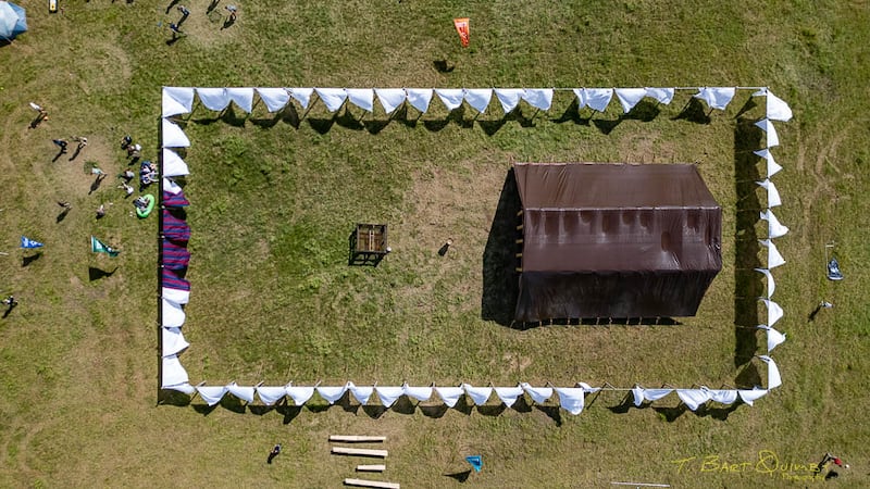 The completed tabernacle replica, including the exterior walls, altar of sacrifice, laver of water and building stands at the Eagle River Alaska Stake's youth "Camp Hesed" June 9-13, 2026.