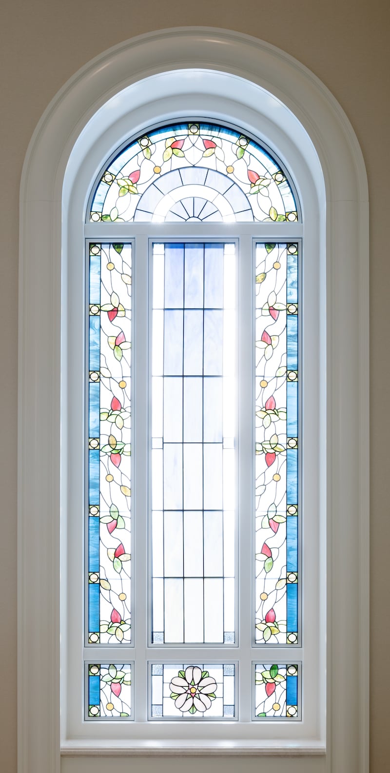 An art-glass window inside the Modesto California Temple.