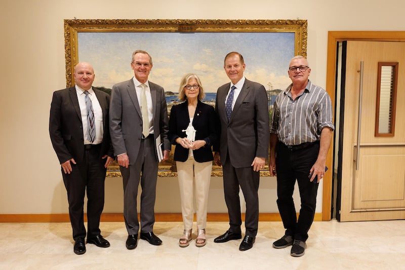Elder Peter F. Meurs, Pacific Area president, second from left, and Elder Gary E. Stevenson of the Quorum of the Twelve Apostles, second from right, meet with Sonia Lagarde, mayor of Nouméa, New Caledonia, on May 20, 2026.