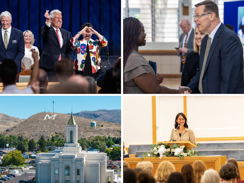 Clockwise from top left: President Dieter F. Uchtdorf and Sister Harriet Uchtdorf, wave to missionaries at the Provo Missionary Training Center on Tuesday, Sept. 8, 2026, in Provo, Utah; Elder Clark G. Gilbert and Sister Christine Gilbert greet BYU-Pathway students in Accra, Ghana, on Friday, Aug. 28, 2026; Sister Kristin M. Yee speaks during a women’s devotional in Offenbach, Germany, on Aug. 29, 2026; the Montpelier Idaho Temple is pictured with the M on a mountain behind it on Monday, Sept. 8, 2026.