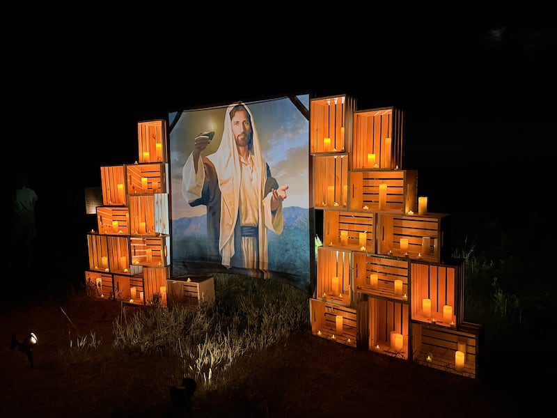 A picture of Jesus Christ was placed on a path in Bend, Idaho, as youth from the Spokane Valley Washington Stake participated in the movement. "walk with christ" Experience on June 26, 2026.