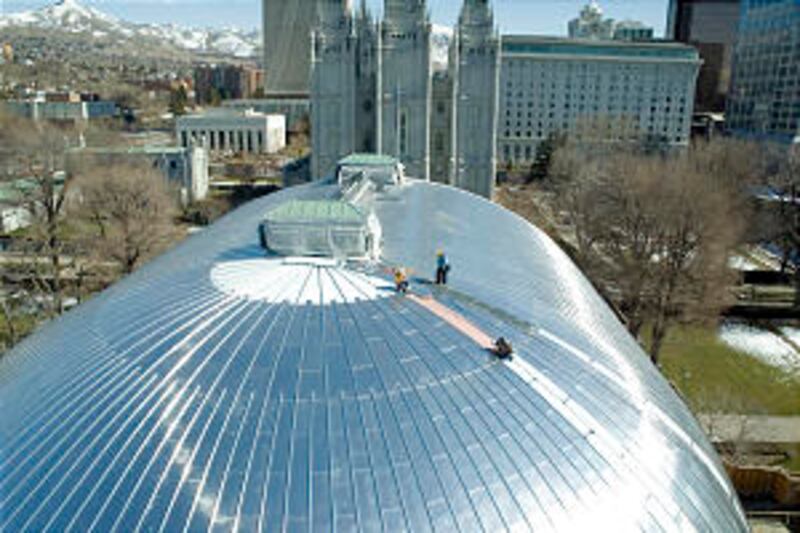 Shiny new aluminum roof adorns Tabernacle, highlighting unique architecture of this iconic pioneer b