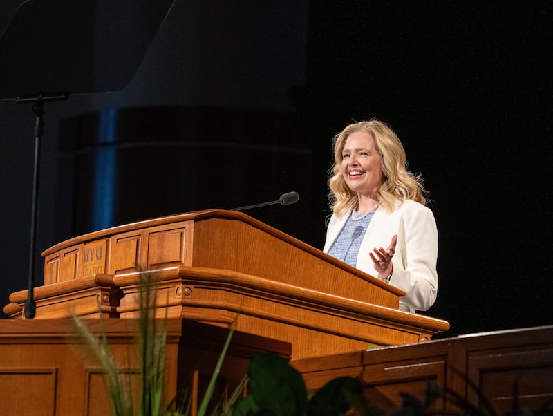 Sister Jennifer Meredith speaks in a Brigham Young University–Idaho devotional on Tuesday, April 21, 2026, in Rexburg, Idaho.