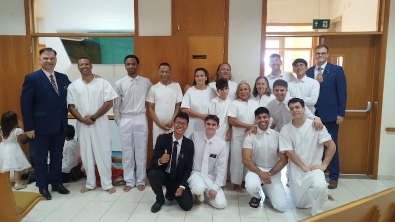 Photo prior to a baptismal service in Belo Horizonte, Brazil, where the new members were drawn to the Church through the new temple there.