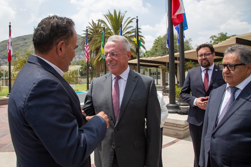 Elder Ulisses Soares of the Quorum of the Twelve Apostles greets a member of the Mexico Senate at the Mexico Missionary Training Center on Friday, Aug. 28, 2026.
