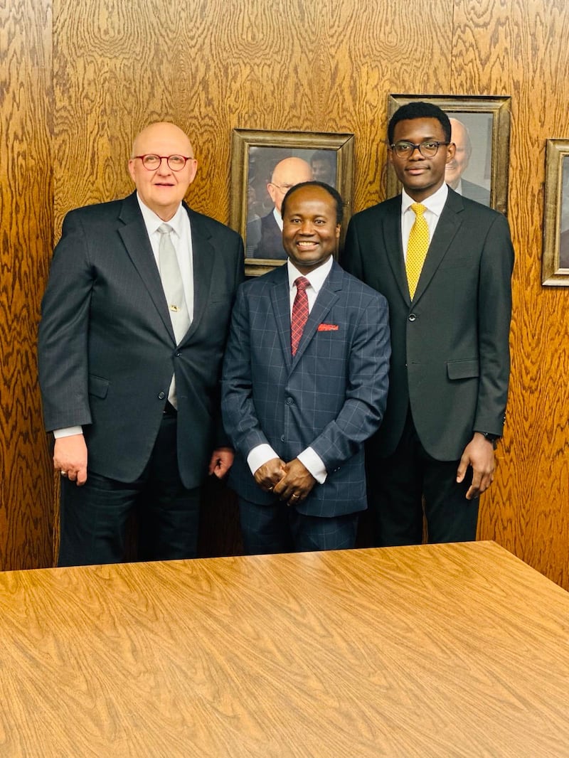 Members of the new Lehi 35th (French) Branch presidency — President Carter Charles from Haiti, center, and his counselors Patrick Gérard, left, and Jaron Mutombo, right — smile for a photo Feb. 9, 2025, in Lehi, Utah.