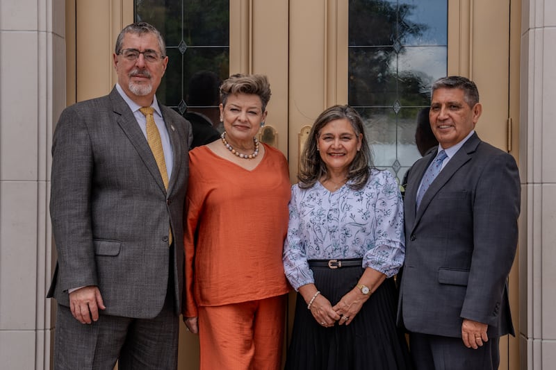 Guatemala President Bernardo Arévalo and first lady Lucrecia Peinado, left, stand with Elder Patricio M. Giuffra — a General Authority Seventy and president of the Central America Area — and his wife, Sister Maria Giuffra, right, in front of the Miraflores Guatemala City Guatemala Temple during a special-guest tour Aug. 20, 2026, in Guatemala City, Guatemala.