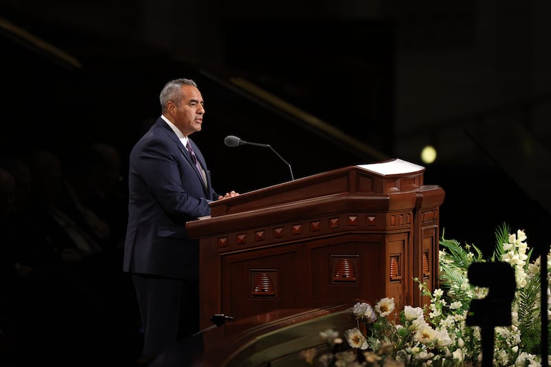 Elder Jorge T. Becerra, General Authority Seventy, speaks during the Saturday morning session of the 196th Annual General Conference of The Church of Jesus Christ of Latter-day Saints in the Conference Center in Salt Lake City on April 4, 2026.