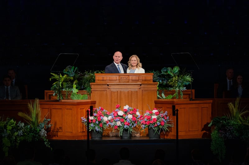 Brigham Young University–Idaho President Alvin F. Meredith III and his wife, Sister Jennifer Meredith, speak in a campus devotional on Tuesday, April 21, 2026, in Rexburg, Idaho.