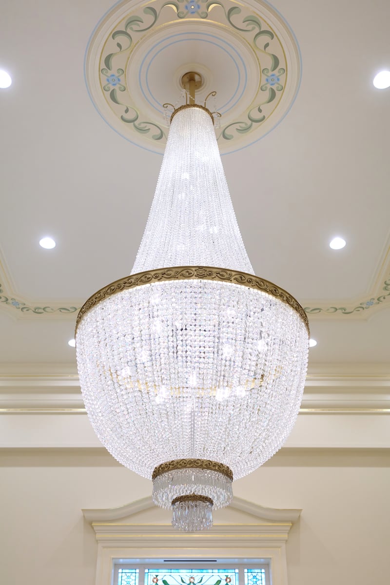 A chandelier inside the Miraflores Guatemala City Guatemala Temple.