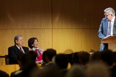 Elder Jeffrey R. Holland of the Quorum of the Twelve Apostles, left, and Sister Patricia Holland smile during Provo MTC President Benson L. Porter’s introduction of a devotional at the Provo Missionary Training Center in Provo, Utah, on Tuesday, May 10, 2022.