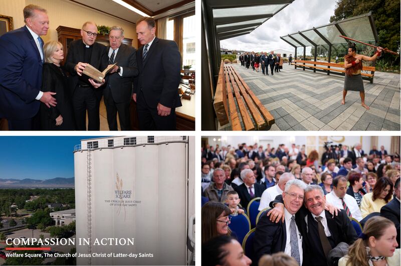 Clockwise from top left: Dave and Deborah Checketts, Reverend Dr. Andrew Teal, Elder Jeffrey R. Holland and Elder Kyle McKay examine a Charles II Restoration Bible; Kimo Decaires leads Elder Dieter F. Uchtdorf and others into George R. Biesinger Hall during a powhiri (Maori welcome ceremony); a senior missionary and an Albanian member at a devotional with Elder David A. Bednar in Tirana, Albania; and a photo of Welfare Square is shown in the Church News video titled “Compassion in Action.”
