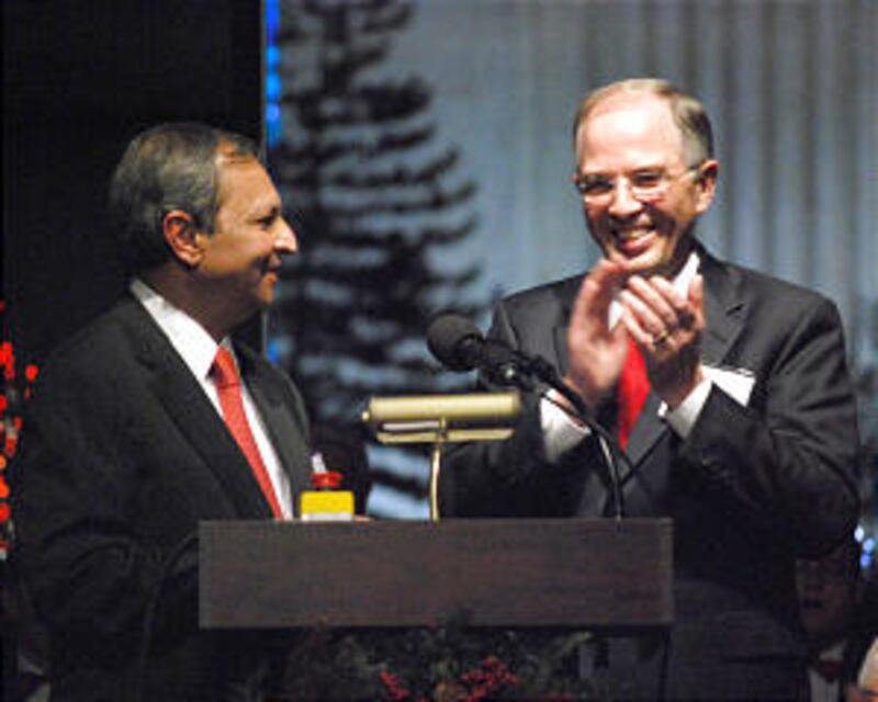 India Ambassador to the U.S. Ronen Sen, left, and Elder Neil L. Andersen of the Presidency of the Se