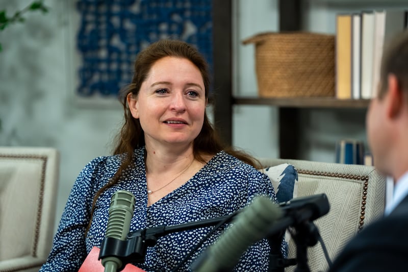 Church News reporter Mary Richards listens to historian Spencer W. McBride with the Church History Department after filming a Church News podcast episode released Tuesday, July 7, 2026.