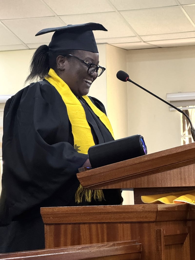 Valedictorian Felina Alumande speaks during BYU Pathway Completion Ceremony in Nairobi, Kenya. April 25, 2026.