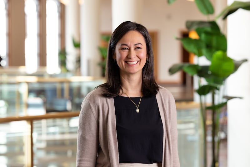 Sister Kristin M. Yee speaks in the Conference Center in Salt Lake City during the filming of the 2026 Relief Society worldwide devotional.