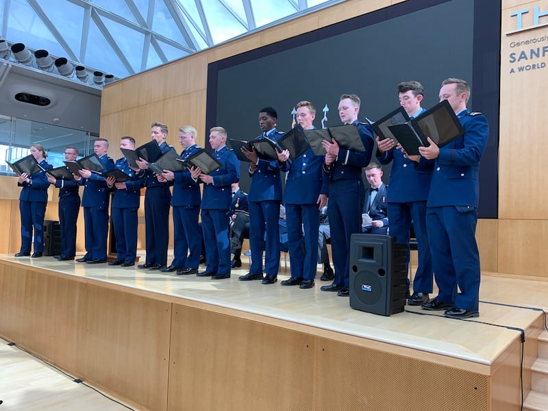 A cadet choir sings in Polaris Hall at the USAFA campus in Colorado Springs, Colorado, Sunday, May 24, 2026.