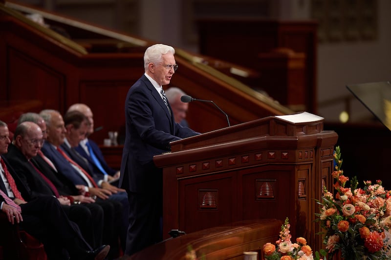 President D. Todd Christofferson, second counselor in the First Presidency, speaks during the Saturday morning session of the 196th Semiannual General Conference of The Church of Jesus Christ of Latter-day Saints in the Conference Center in Salt Lake City on Oct. 3, 2026.