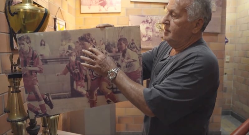 Brazilian soccer star Zico shows a photo of himself as a child during his virtual RootsTech keynote address, made available on FamilySearch.org on Feb. 13, 2026.