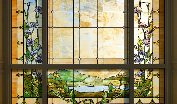 An art-glass window inside the Montpelier Idaho Temple.
