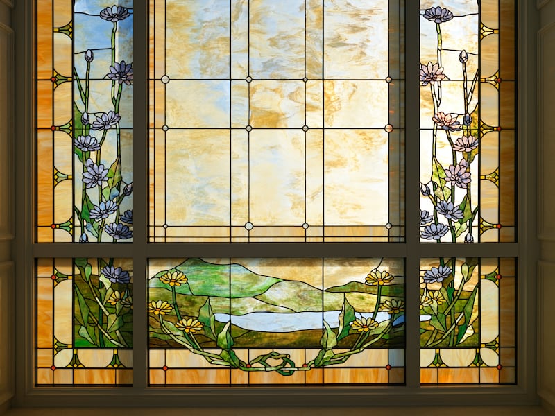 An art-glass window inside the Montpelier Idaho Temple.