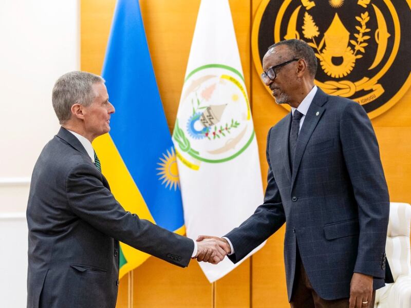 Elder David A. Bednar shakes hands with Rwanda President Paul Kagame at Urugwiro Village in Rwanda on March 18, 2026.