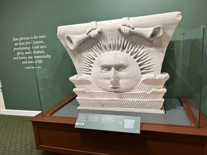 One of the surviving Nauvoo Temple sunstones is on display in the new Nauvoo Temple Visitors' Center in Nauvoo, Illinois, on June 26, 2026.