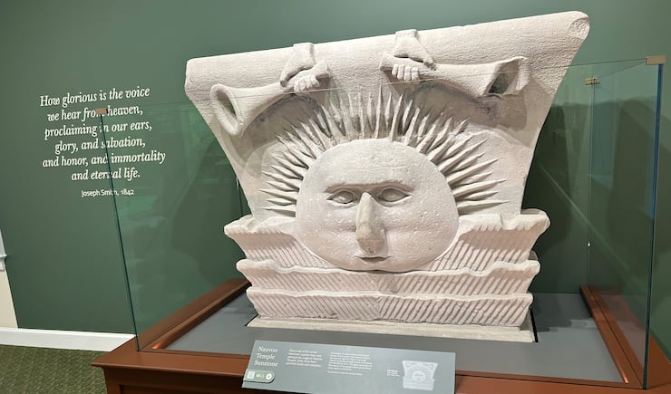 One of the surviving Nauvoo Temple sunstones is on display in the new Nauvoo Temple Visitors' Center in Nauvoo, Illinois, on June 26, 2026.