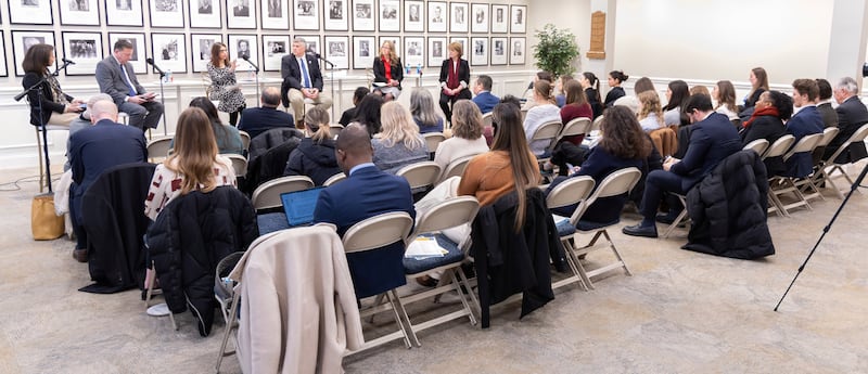 Sharon Eubank, the outgoing director of Humanitarian Services for the Church, and Elissa Gifford, the incoming director, participate in the panel in Washington, D.C., on Wednesday, March 18.