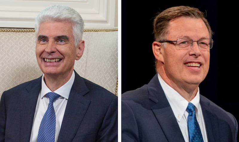 Left, Elder Gérald Caussé speaks from the Joseph Smith Memorial Building on Temple Square in Salt Lake City on Nov. 6, 2025; Right, Elder Clark G. Gilbert speaks at a BYU–Idaho devotional in Rexburg, Idaho, on Sept. 23, 2025.