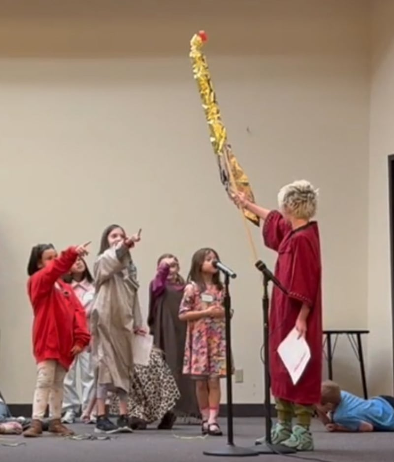 Valiant-age children in the Orem Utah Stake take part in a skit about Moses and the brass serpent on March 14, 2026.