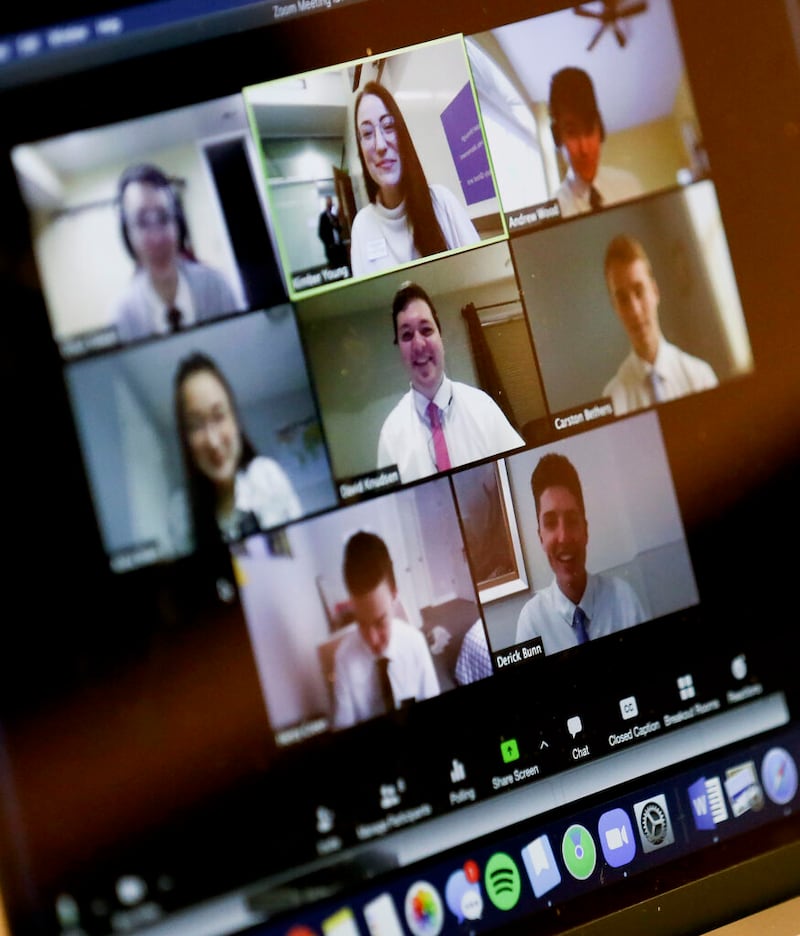 Sister Kimber Young, top center, teaches training missionaries Mandarin Chinese via video conferencing at the Provo Missionary Training Center on Wednesday, March 25, 2020.