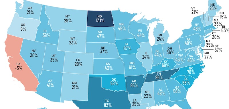 Map shows percentage increase from 2000 to 2025 in number of members of The Church of Jesus Christ of Latter-day Saints in each U.S. state.