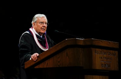 President M. Russell Ballard, acting president of the Quorum of the Twelve Apostles, speaks to graduates during the BYU-Hawaii Winter Semester Commencement ceremony on April 20, 2019.