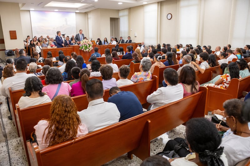 Latter-day Saints in Cali, Colombia, gather to listen to Elder Gary E. Stevenson of the Quorum of the Twelve Apostles on Monday, Aug. 24, 2026.