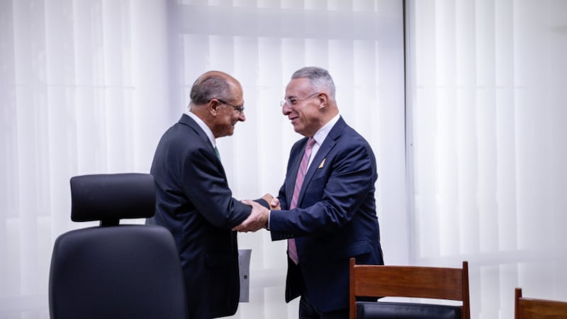 Elder Ulisses Soares of the Quorum of the Twelve Apostles, right, greets Brazil Vice President Geraldo Alckmin in Brasília, Brazil, on Thursday, Feb. 26, 2026.