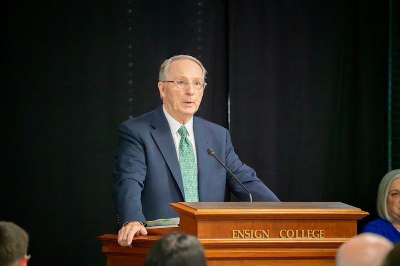 President Bruce C. Kusch speaks during an Ensign Campus devotional in Salt Lake City on Sept. 22, 2026.
