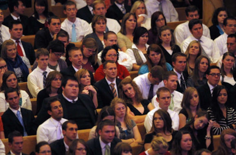 The audience listens to Bishop Gerald Causse, first counselor in the Presiding Bishopric, as he spea