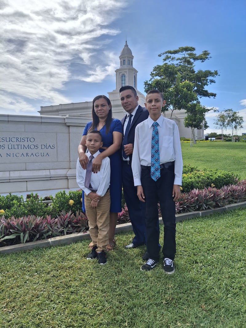 Jose Rivas, president of the Nueva Guinea Branch, stands with his family outside the Managua Nicaragua Temple in Managua, Nicaragua, after a tour on Sept. 16, 2026.