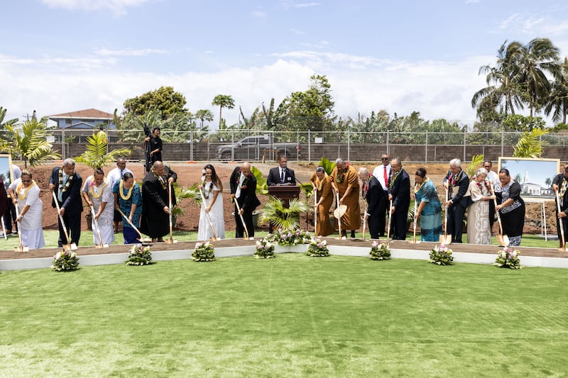 Elder K. Brett Nattress is joined by special guests, including American Samoa Gov. Lemanu Peleti Mauga, at the groundbreaking for the Pago Pago temple.