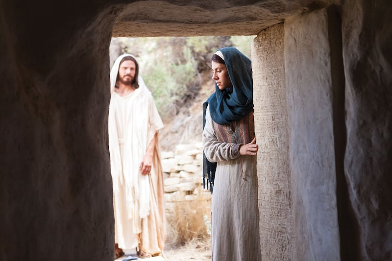 In this picture from the Bible Videos, a resurrected Jesus Christ appears to Mary Magdalene.