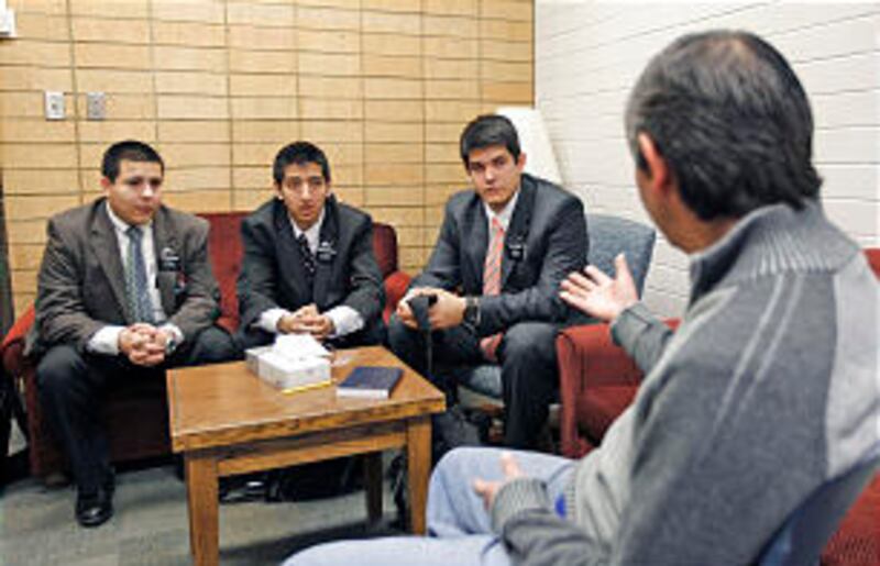 Elders Jose Medrano, left, Carson City, Nev.; Samuel Lopez Mayta, New Hampshire; and Carlos Barboza,