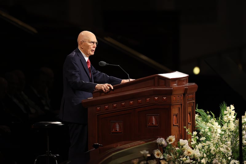 Church President Dallin H. Oaks speaks during the Sunday morning session of the 196th Annual General Conference of The Church of Jesus Christ of Latter-day Saints in the Conference Center in Salt Lake City on April 5, 2026.