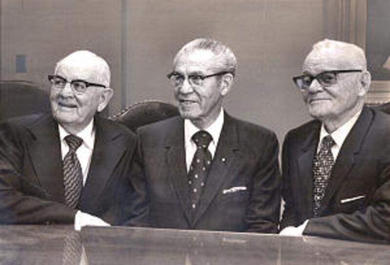 Pres. Spencer W. Kimball with N. Eldon Tanner and Marion G. Romney