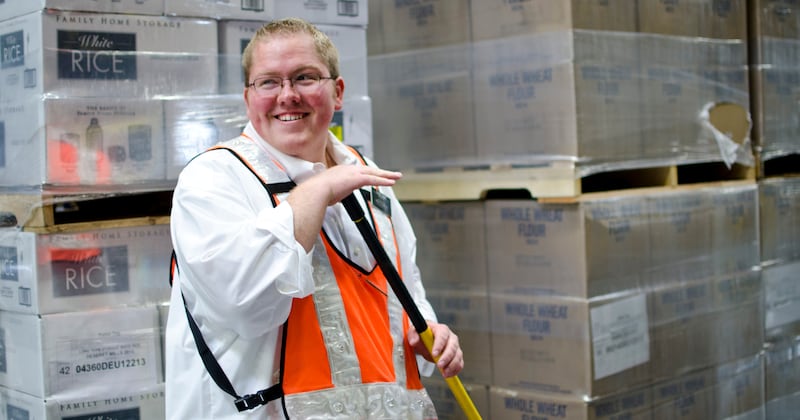 A service missionary works at the Bishop's Central Storehouse in Salt Lake City, Utah, in 2025.