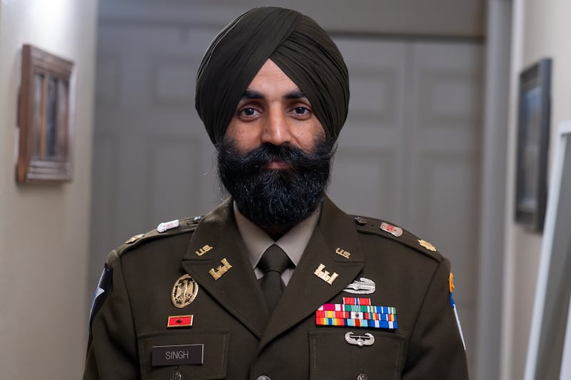 U.S. Army Lt. Col. Simratpal “Simmer” Singh is dressed in his military uniform during the filming of a "Voices for Faith" episode.